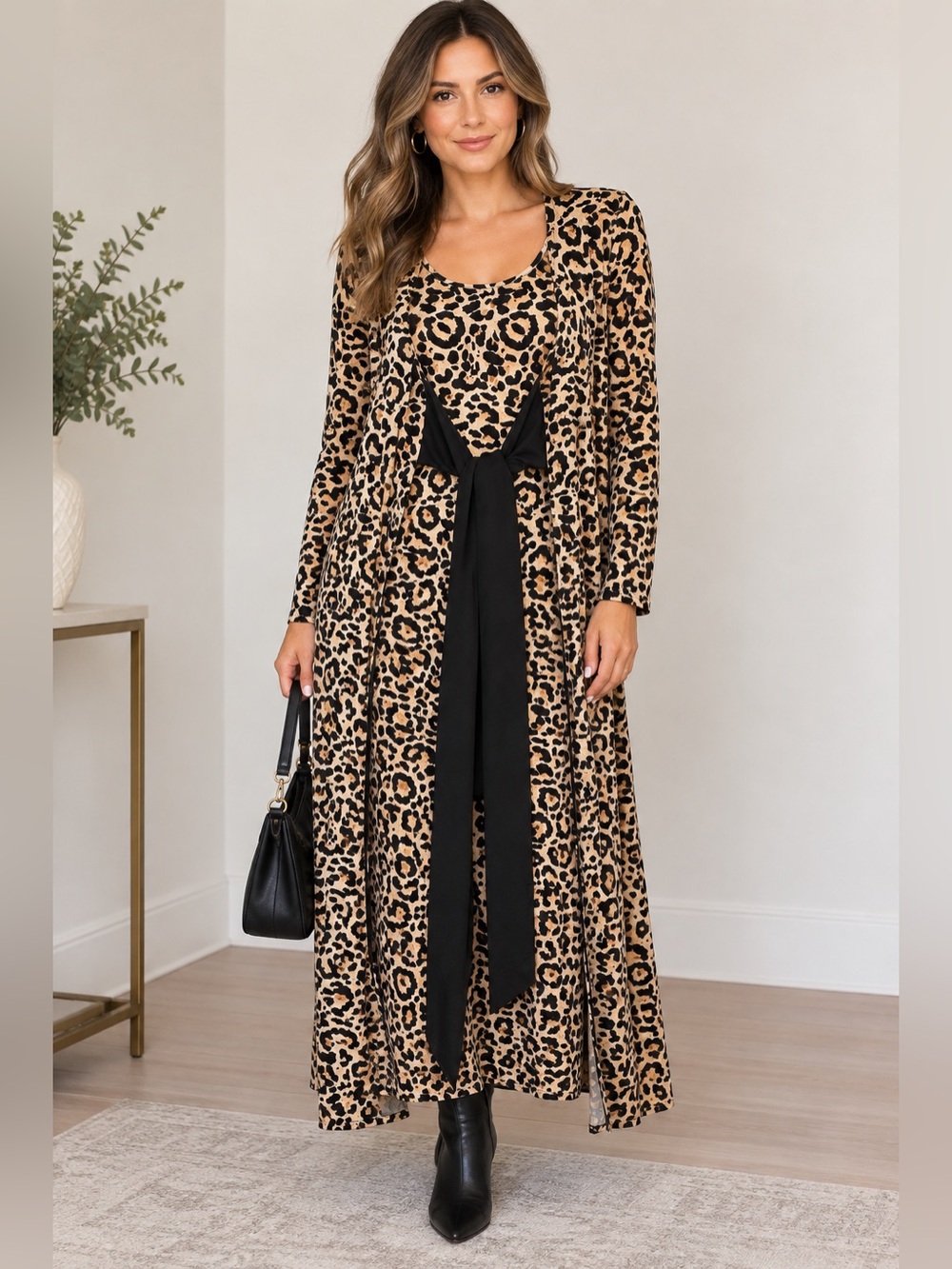 SHEIN two piece Tan and Black Leopard Print Maxi Dress with Black Waist Tie